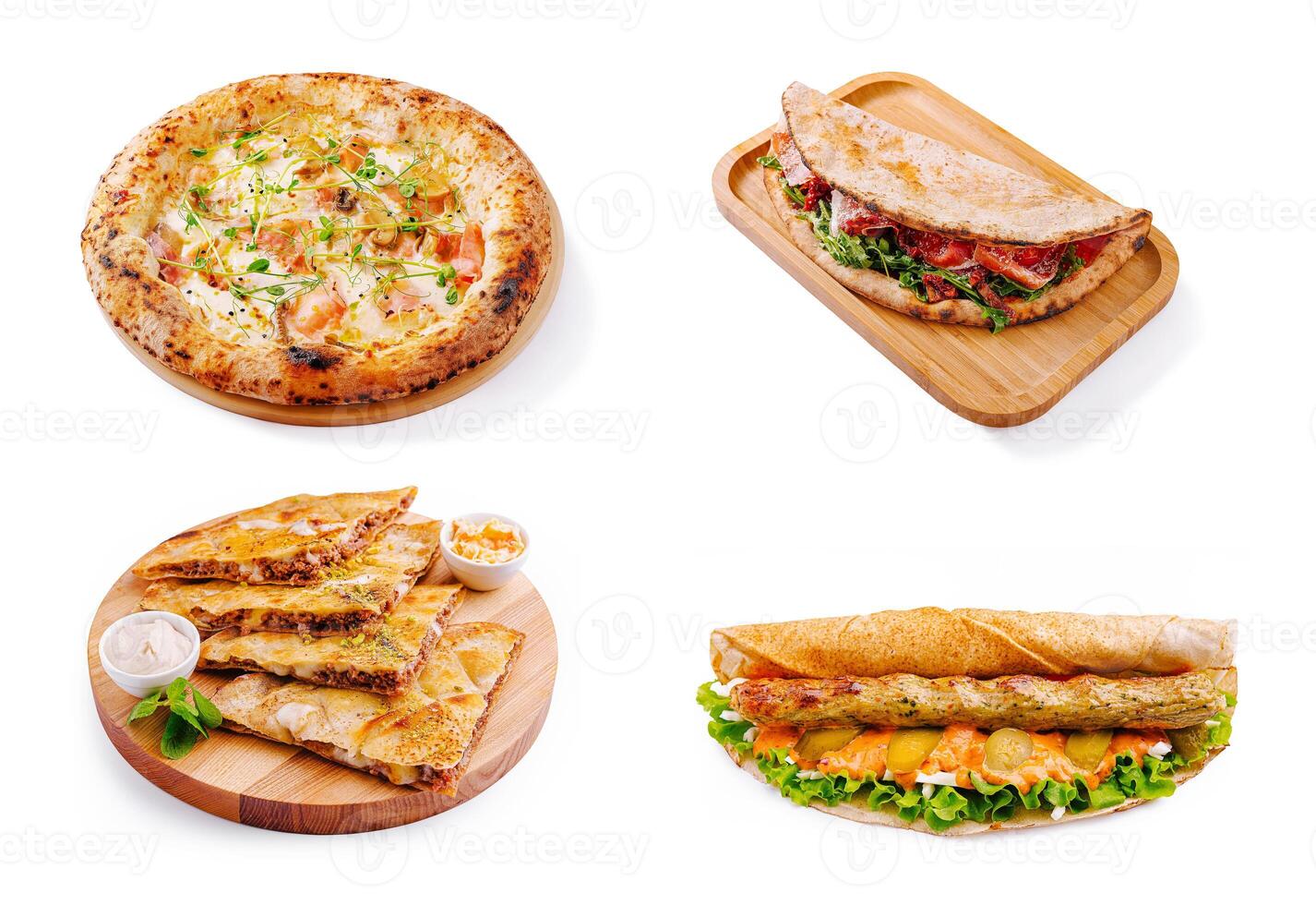Delicious variety of food items served on wooden plates photo