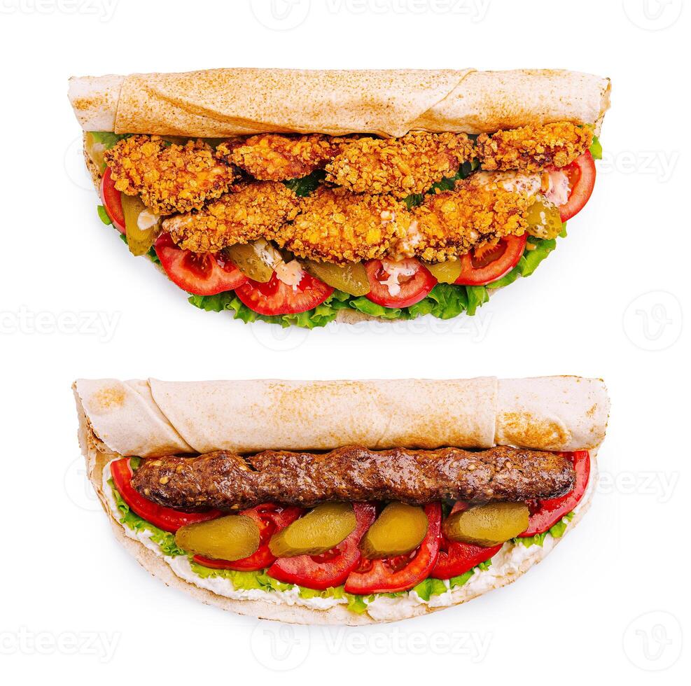 Delicious sandwiches with crispy chicken and savory beef photo