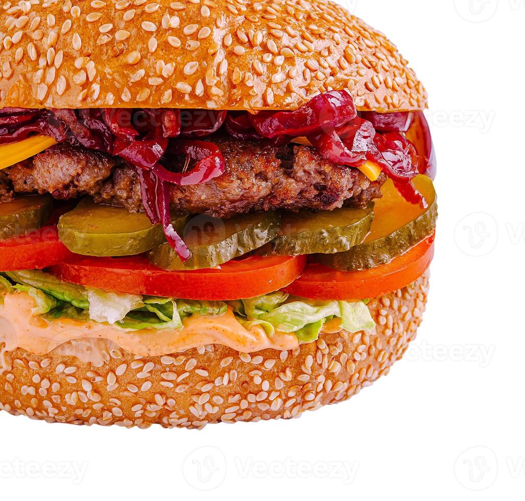 Juicy hamburger with fresh toppings and sesame seed bun photo