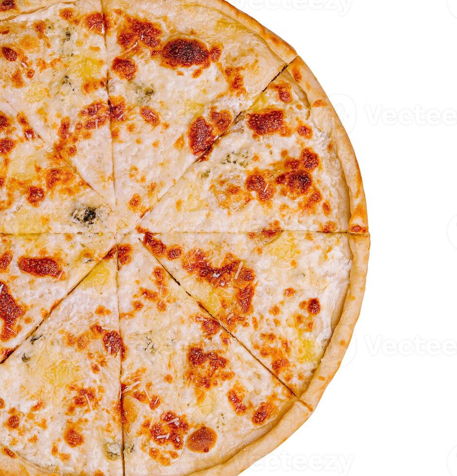 Delicious cheese pizza cut into equal slices for sharing photo