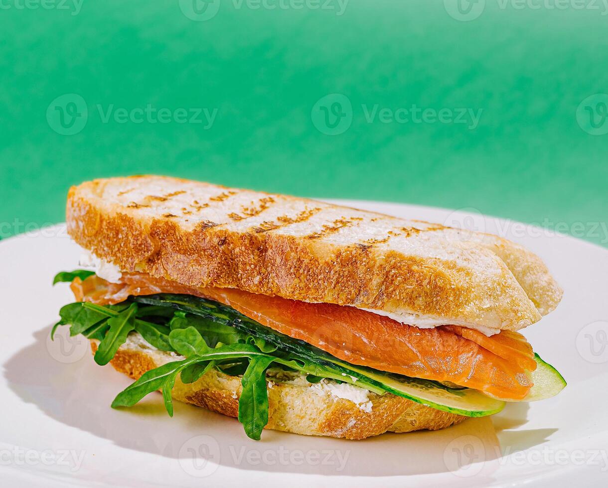 Delicious salmon sandwich with arugula and cucumber on toasted bread photo