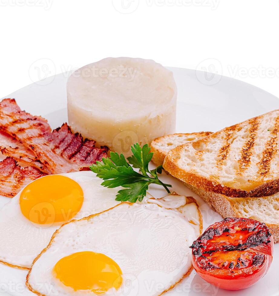 Delicious breakfast plate with eggs, bacon, and toast served fresh photo