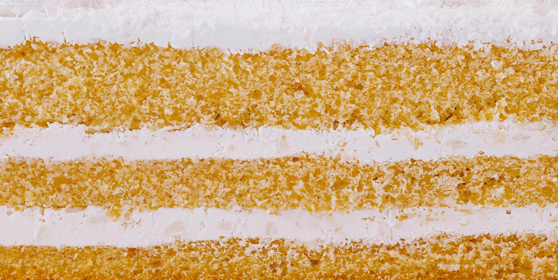Delicious layered cake showing sponge and icing detail close up photo