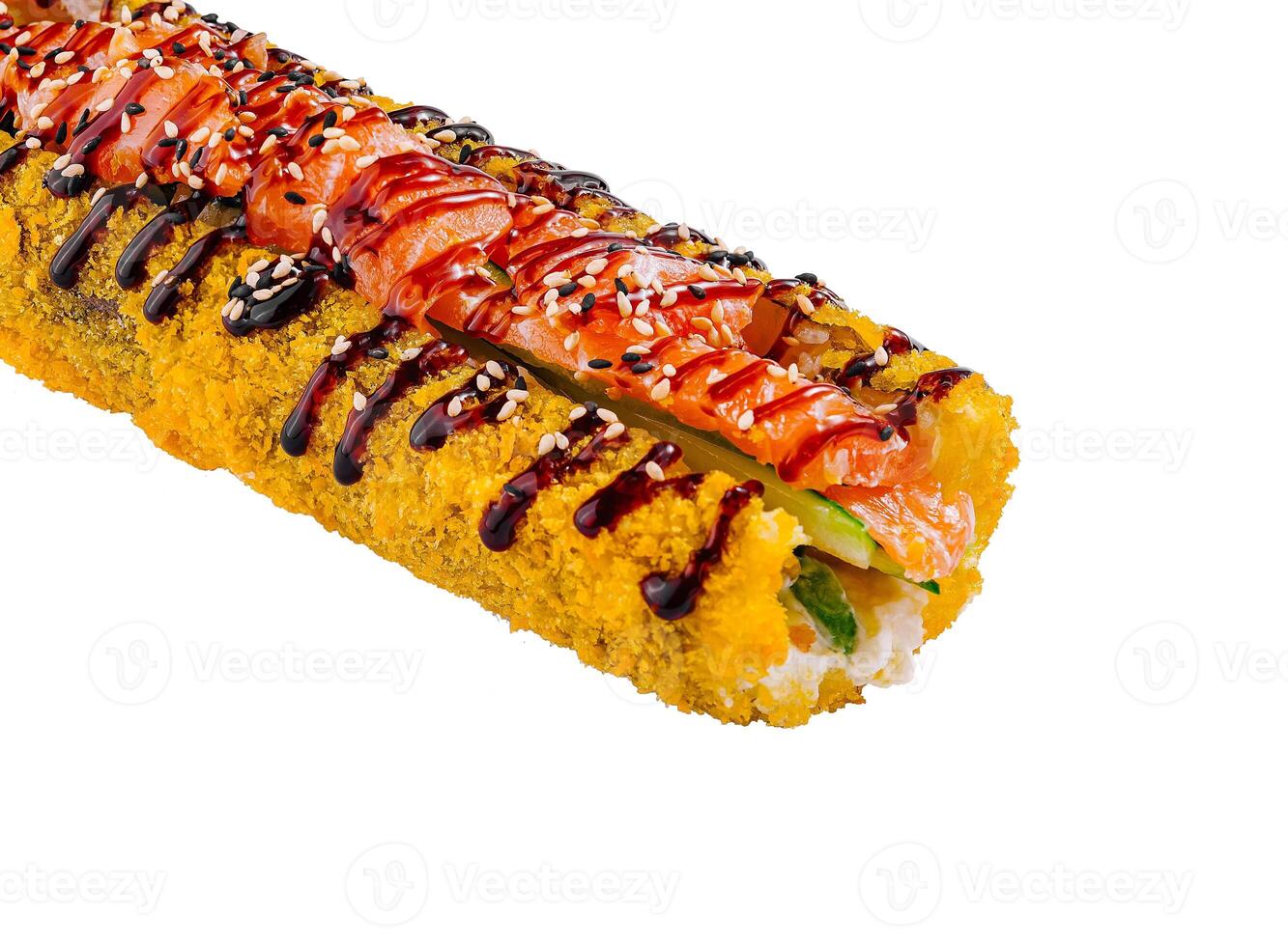Tempura sushi roll with salmon and cucumber lying photo