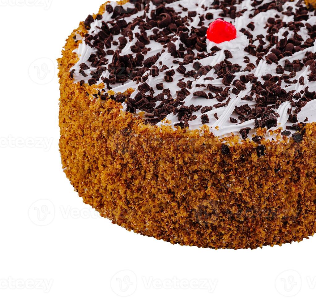 Delicious round chocolate cake with chocolate sprinkles and cherry on top isolated photo