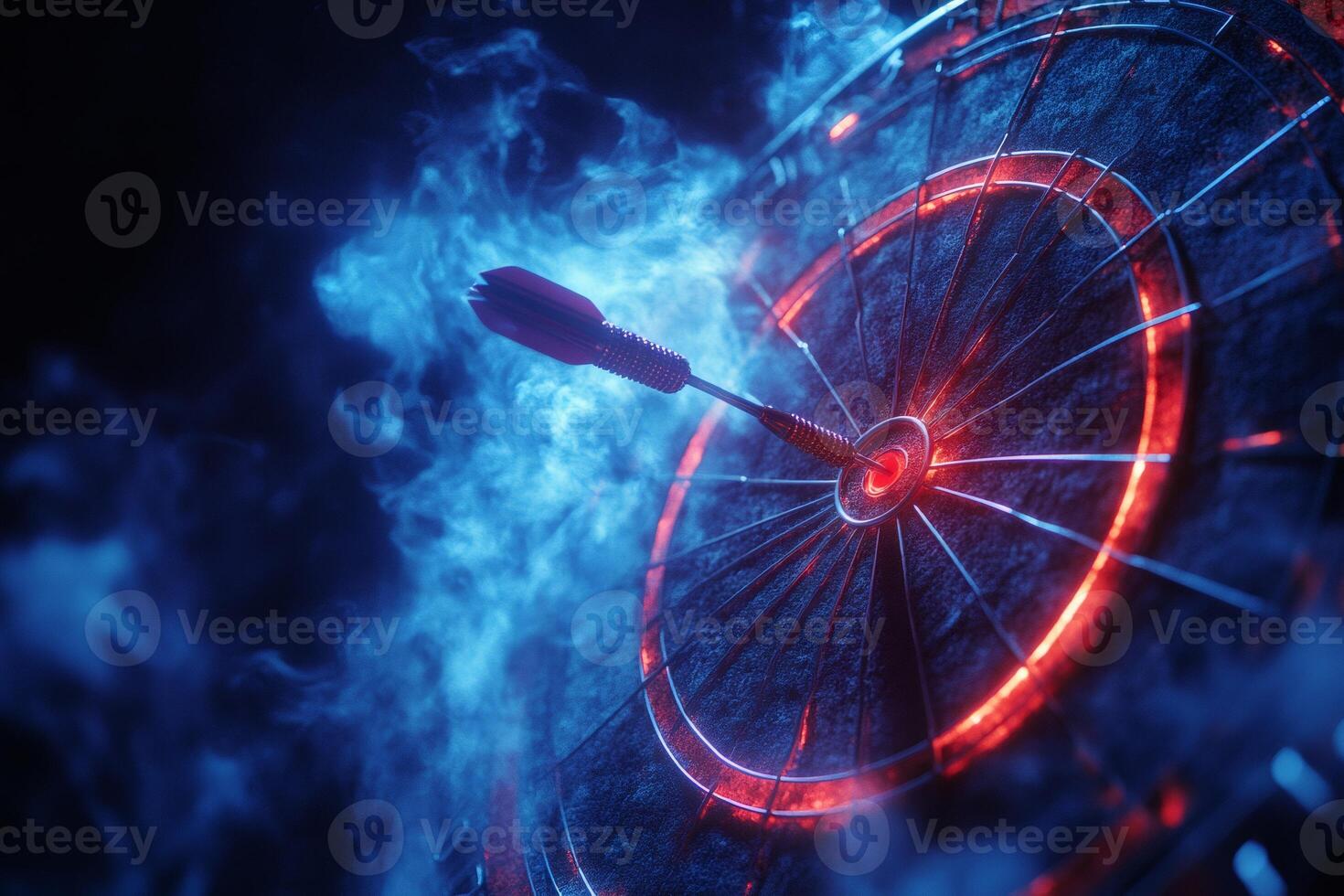 Dart hitting the center of a target surrounded by smoke and blue light photo