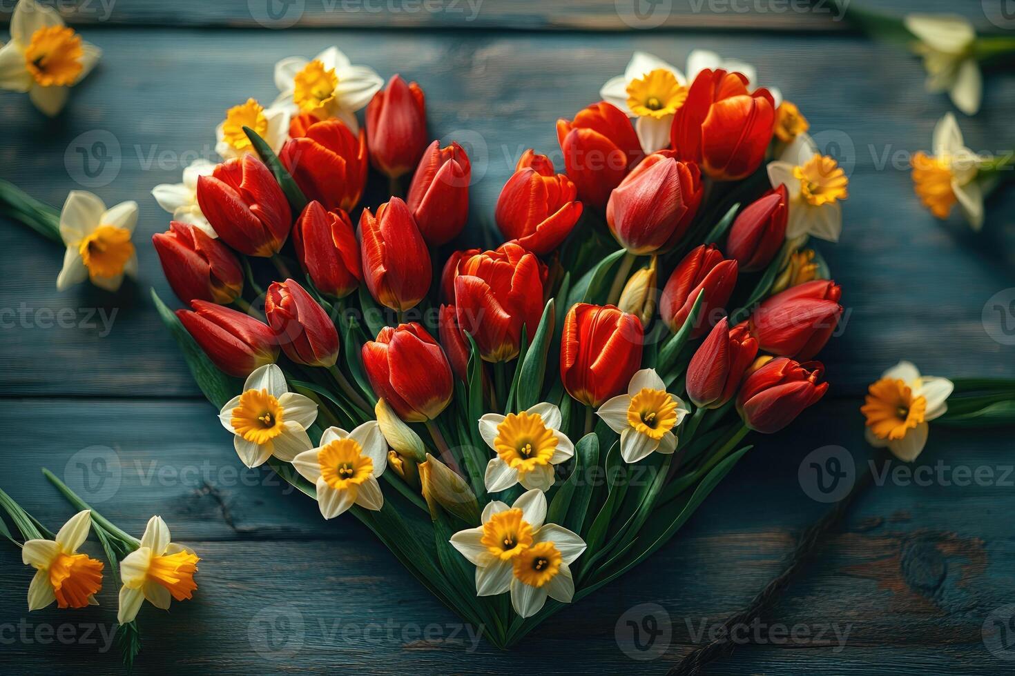 Heart shaped arrangement of tulips and daffodils photo