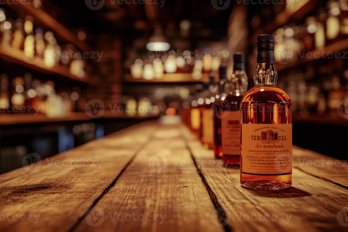 Bottles of aged golden liquor standing in a row on wooden bar counter photo