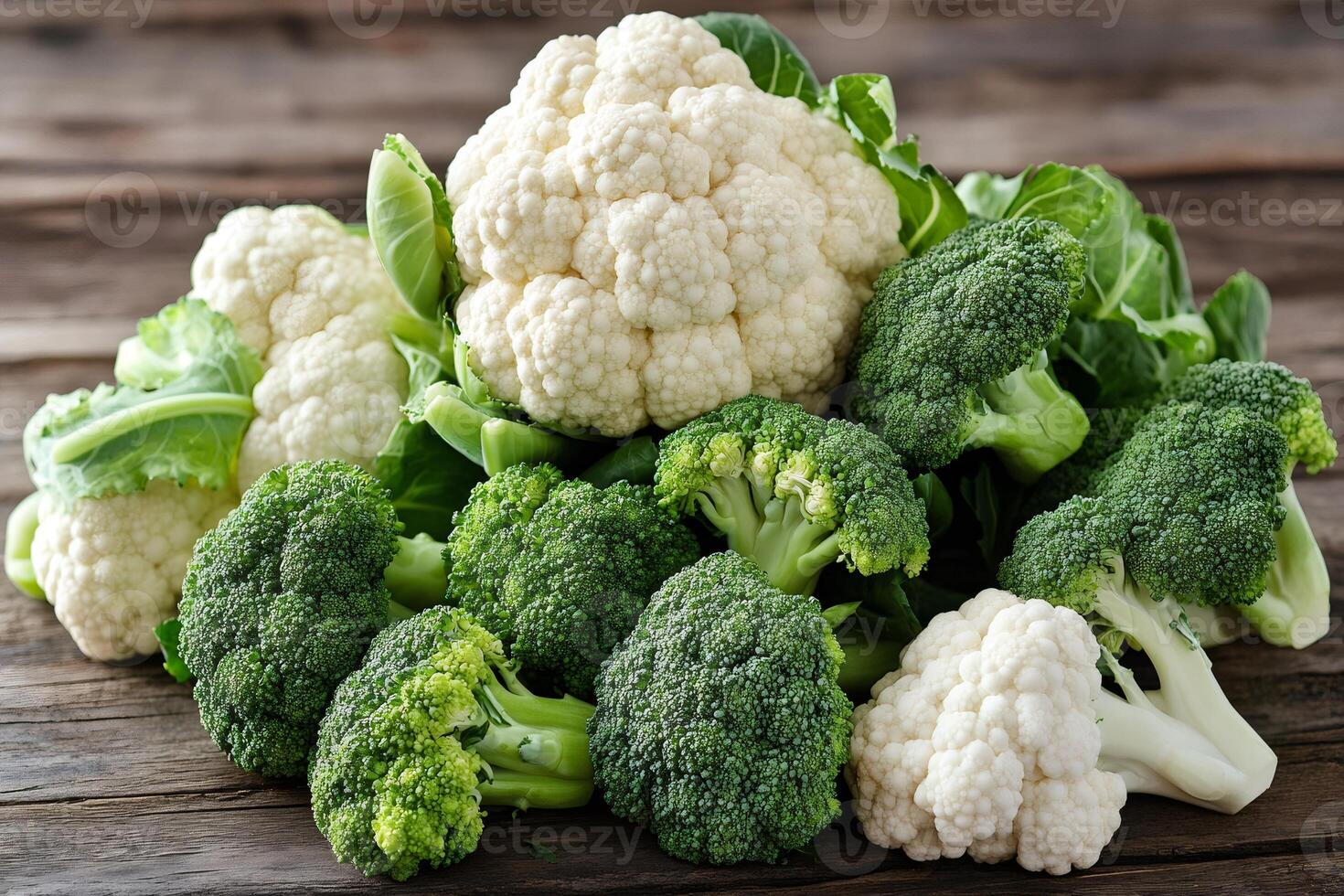 Fresh broccoli and cauliflower on rustic wooden table . photo