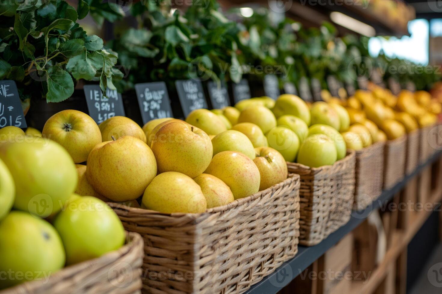 Fresh golden apples displayed in wicker baskets at farmers market photo