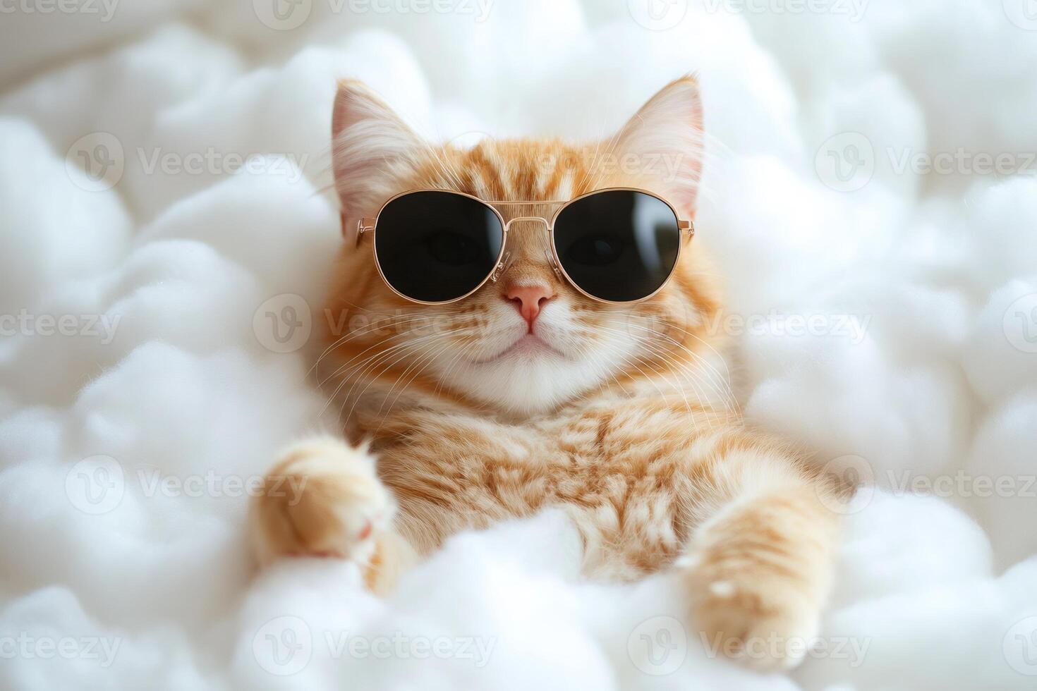 Relaxed ginger cat wearing cool sunglasses photo