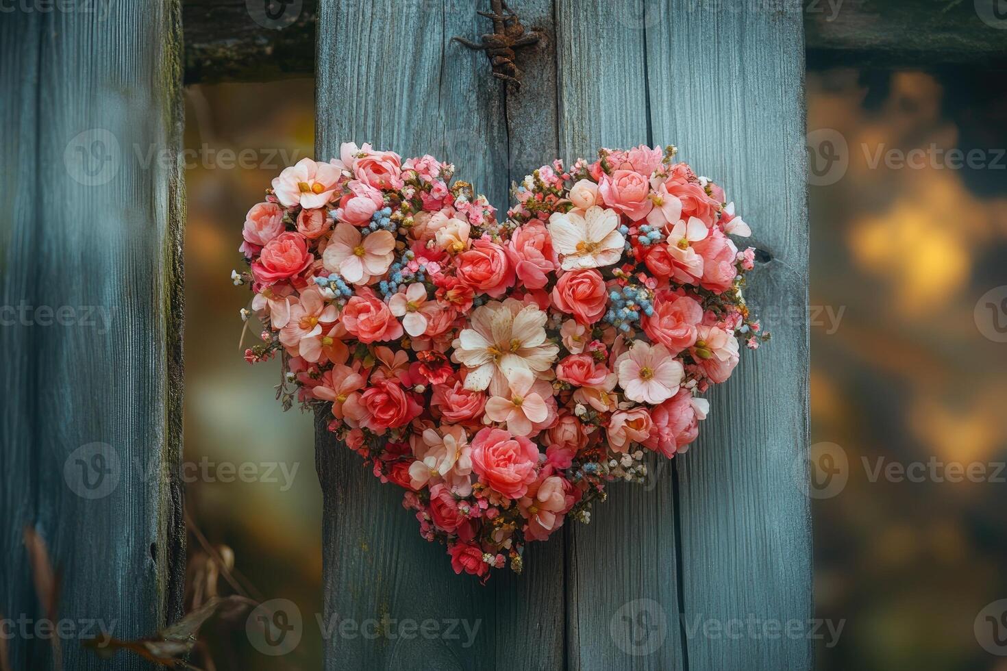 Heart shaped floral wreath hanging on rustic wood . photo
