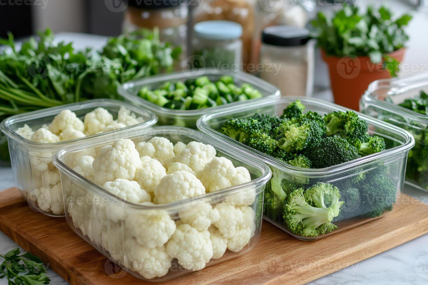 Fresh vegetables neatly arranged in glass containers photo