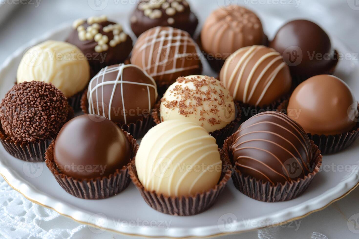 Delicious chocolate truffles decorated with swirls and sprinkles resting on elegant plate photo