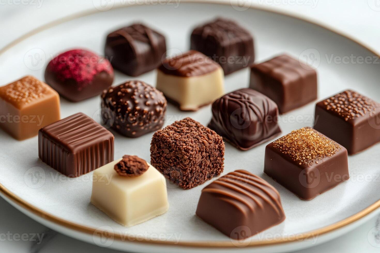 Gourmet chocolate pralines resting on elegant plate, tempting delights for indulgence photo