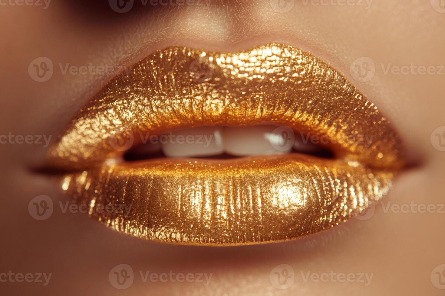 Luxurious gold metallic lipstick on lips photo