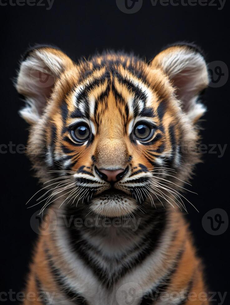 Adorable tiger cub staring with intense curiosity photo