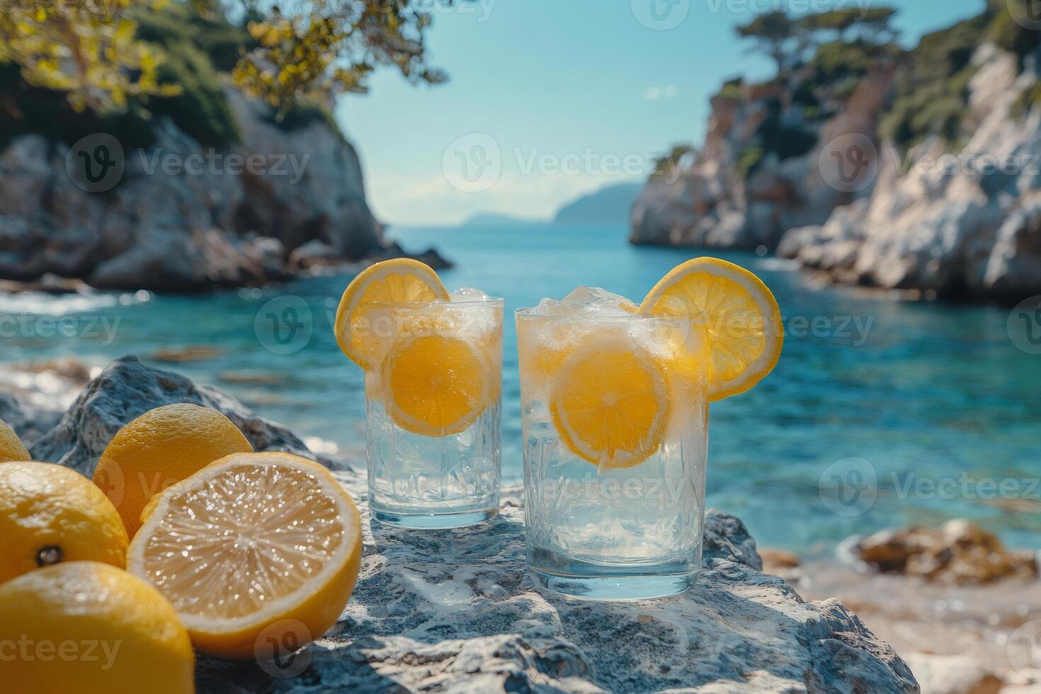 Two glasses of refreshing lemonade resting on rocks by beautiful turquoise lagoon photo
