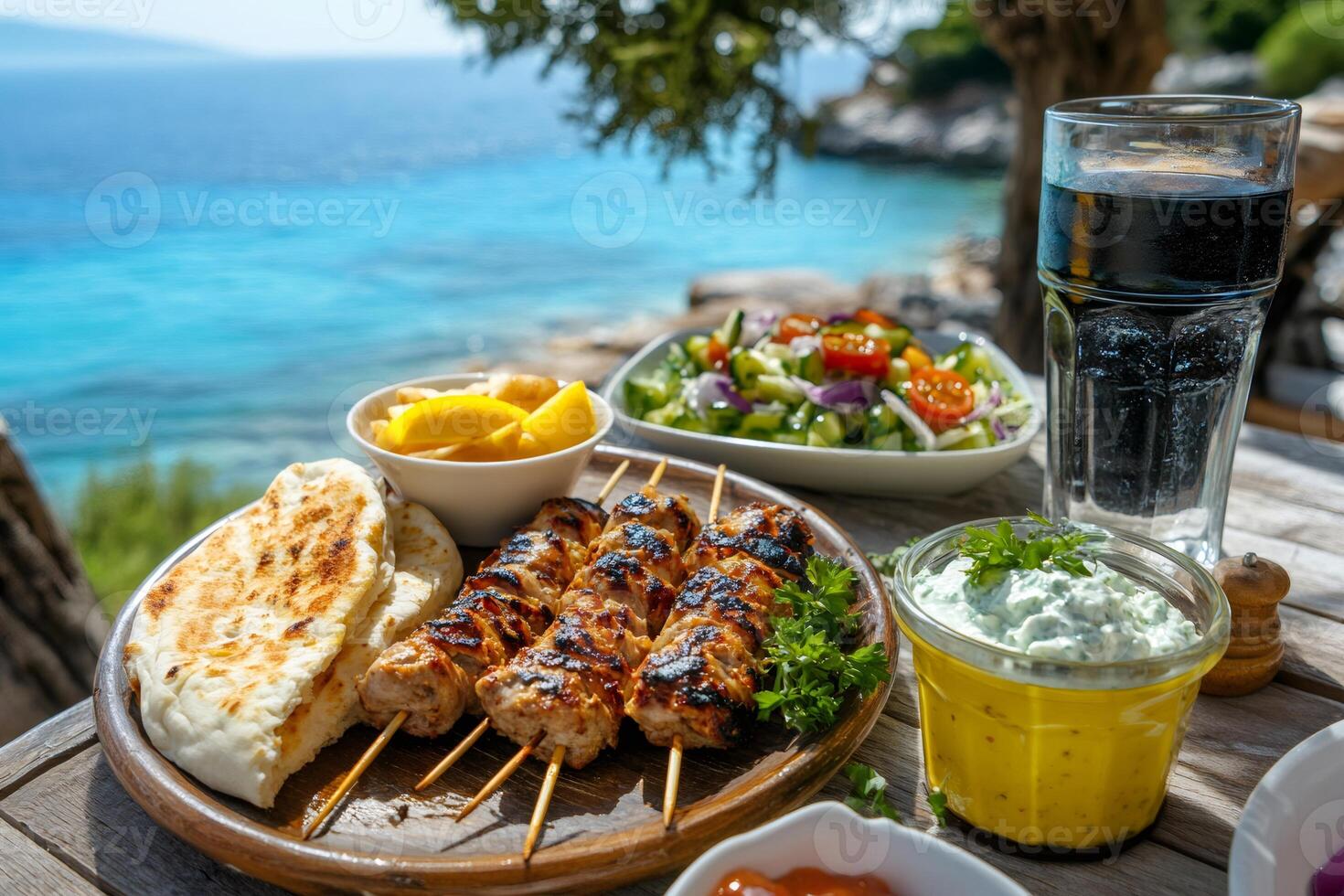Delicious souvlaki with pita bread and fresh salad enjoying the summer breeze by the sea photo
