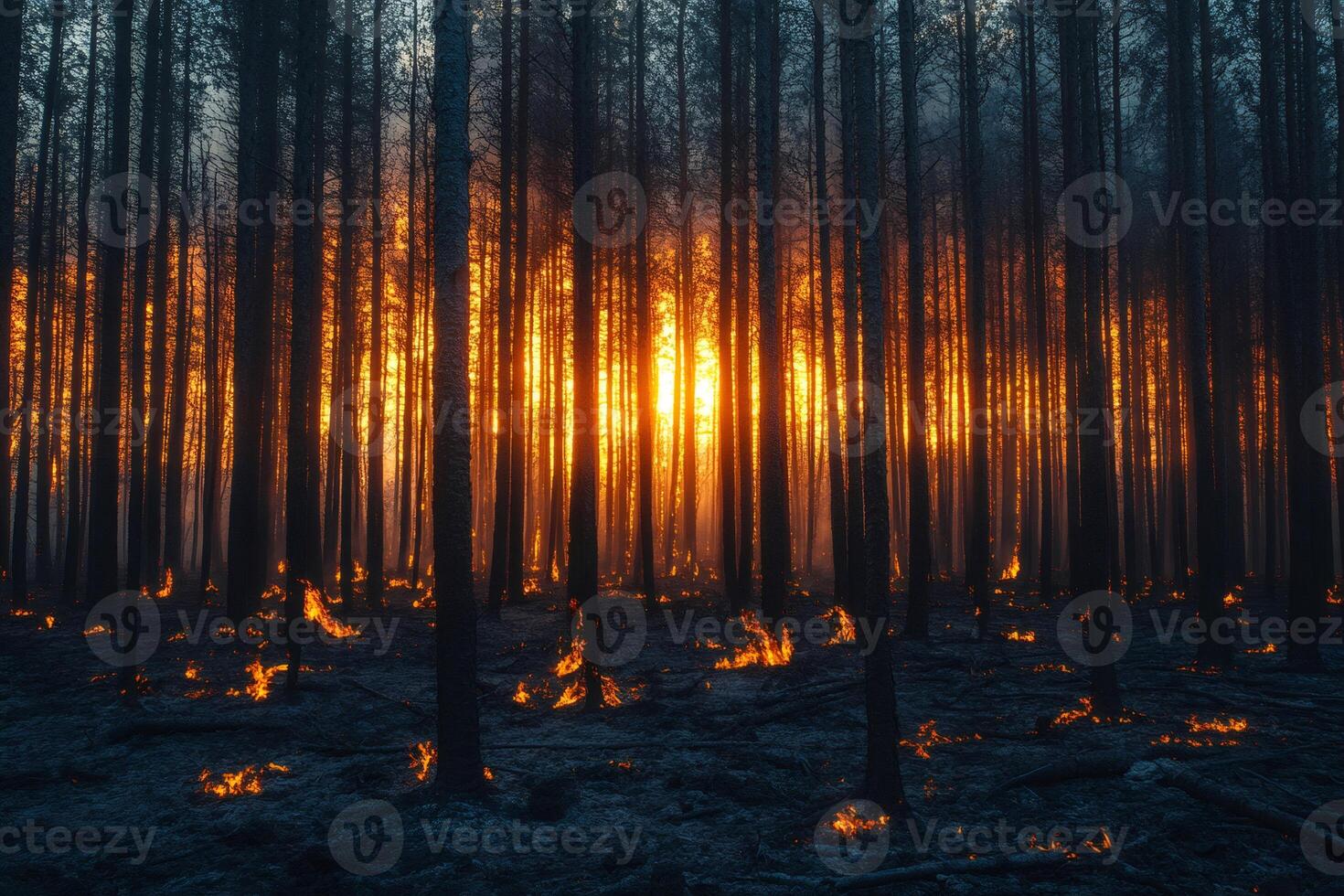 Forest fire burning at sunset creating a dramatic scene photo