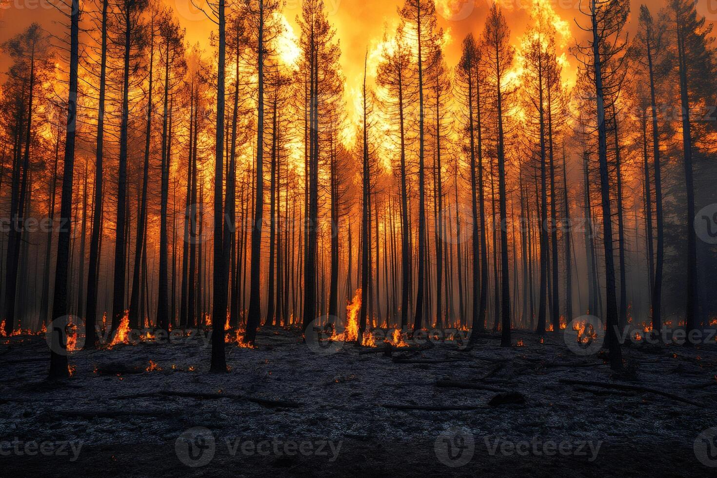 Wildfire burning through a forest at sunset photo