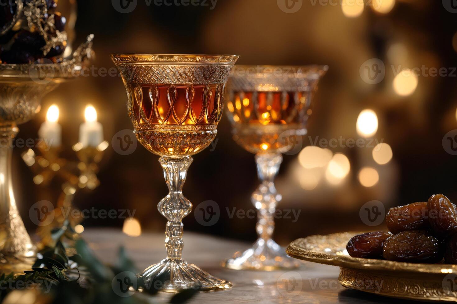 Crystal glasses of wine with dates fruits and candles illuminating a festive table photo