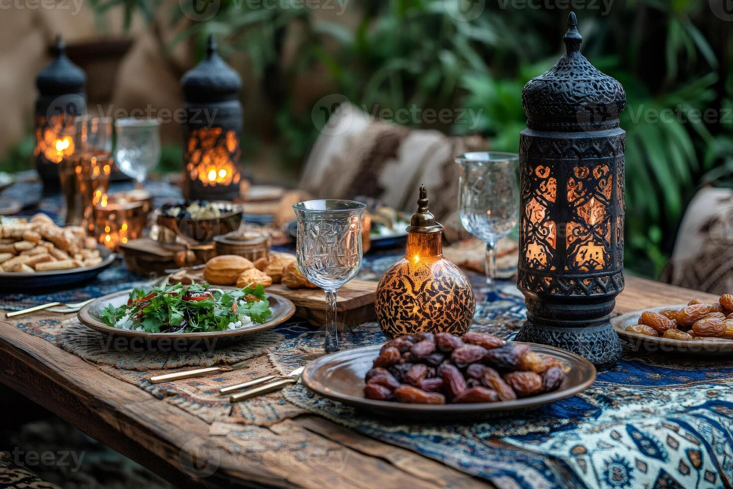 Traditional moroccan food displayed on table with lanterns illuminating festive scene photo