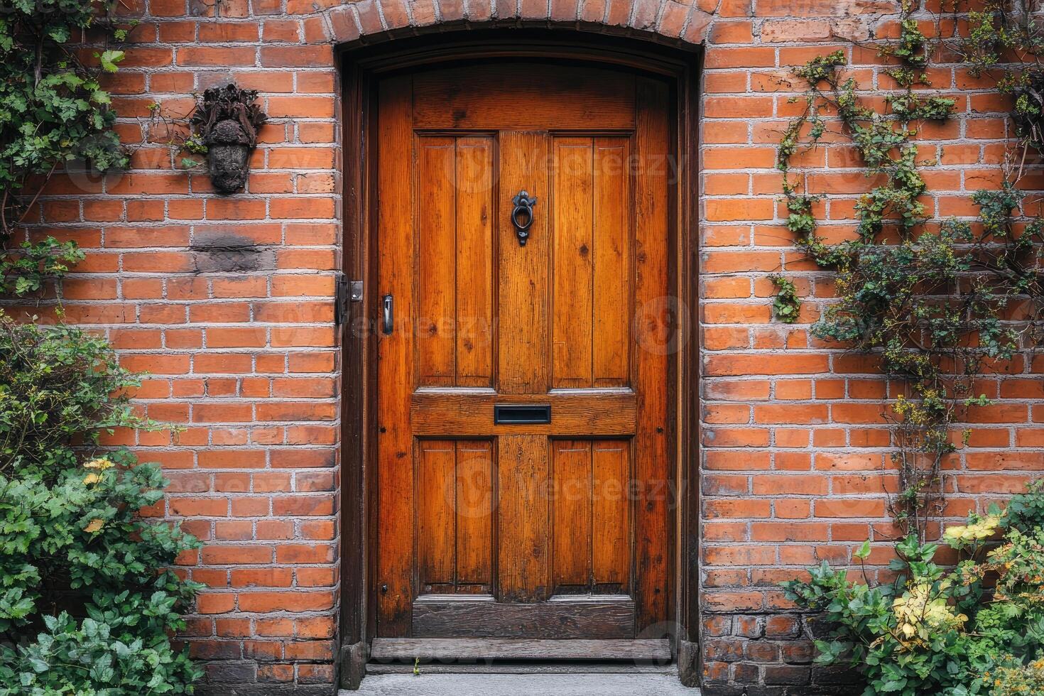 Rustic wooden door set in brick wall architecture .. photo