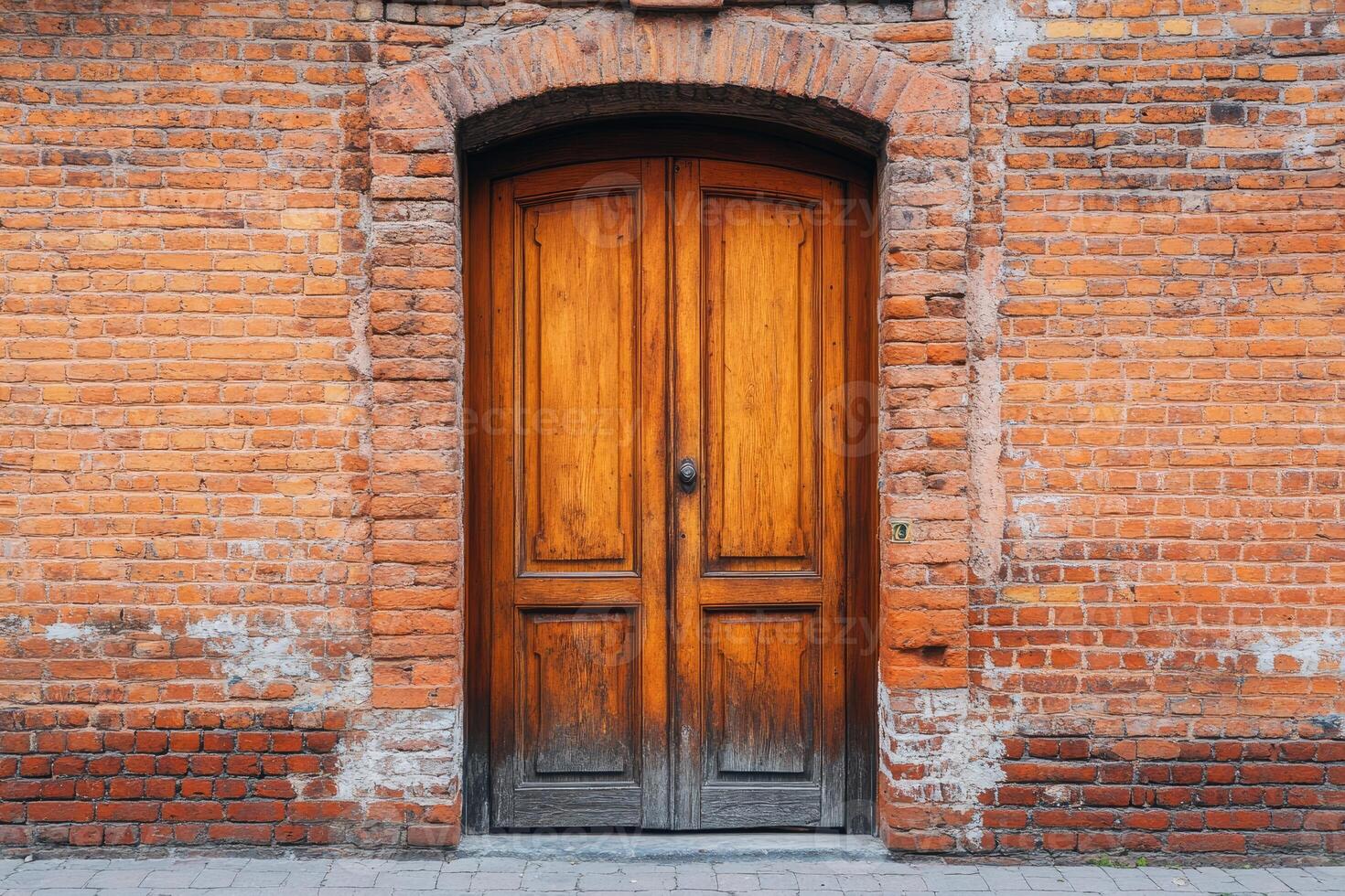 Rustic wooden door set in brick wall architecture.. photo