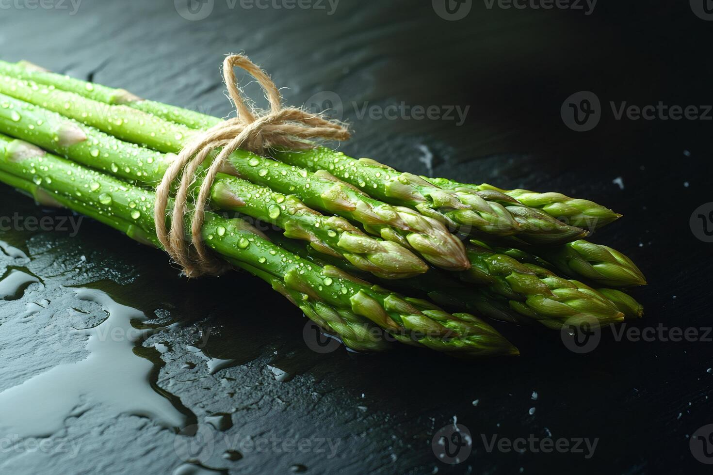 Fresh green asparagus bundle on wet surface photo