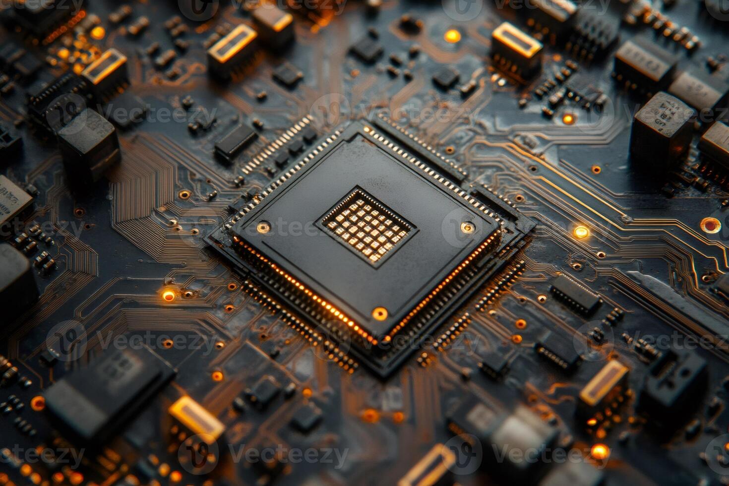 Intricate circuit board with central microchip design photo