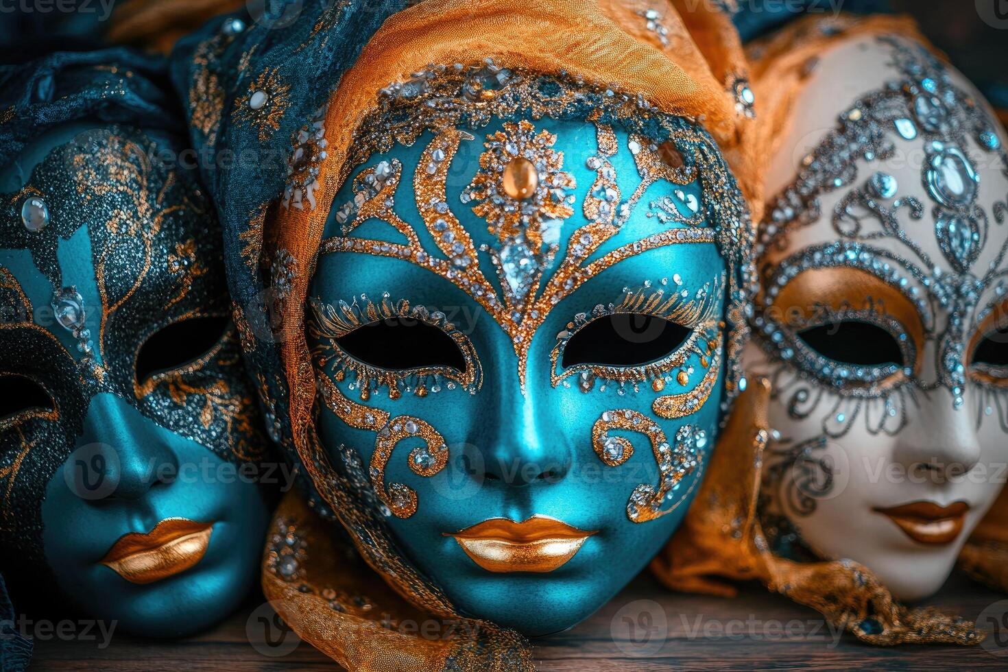 Venetian carnival masks with gold and jewels resting on wooden surface photo