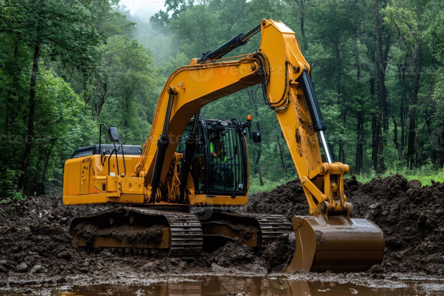 Yellow excavator digging in a muddy forest area photo