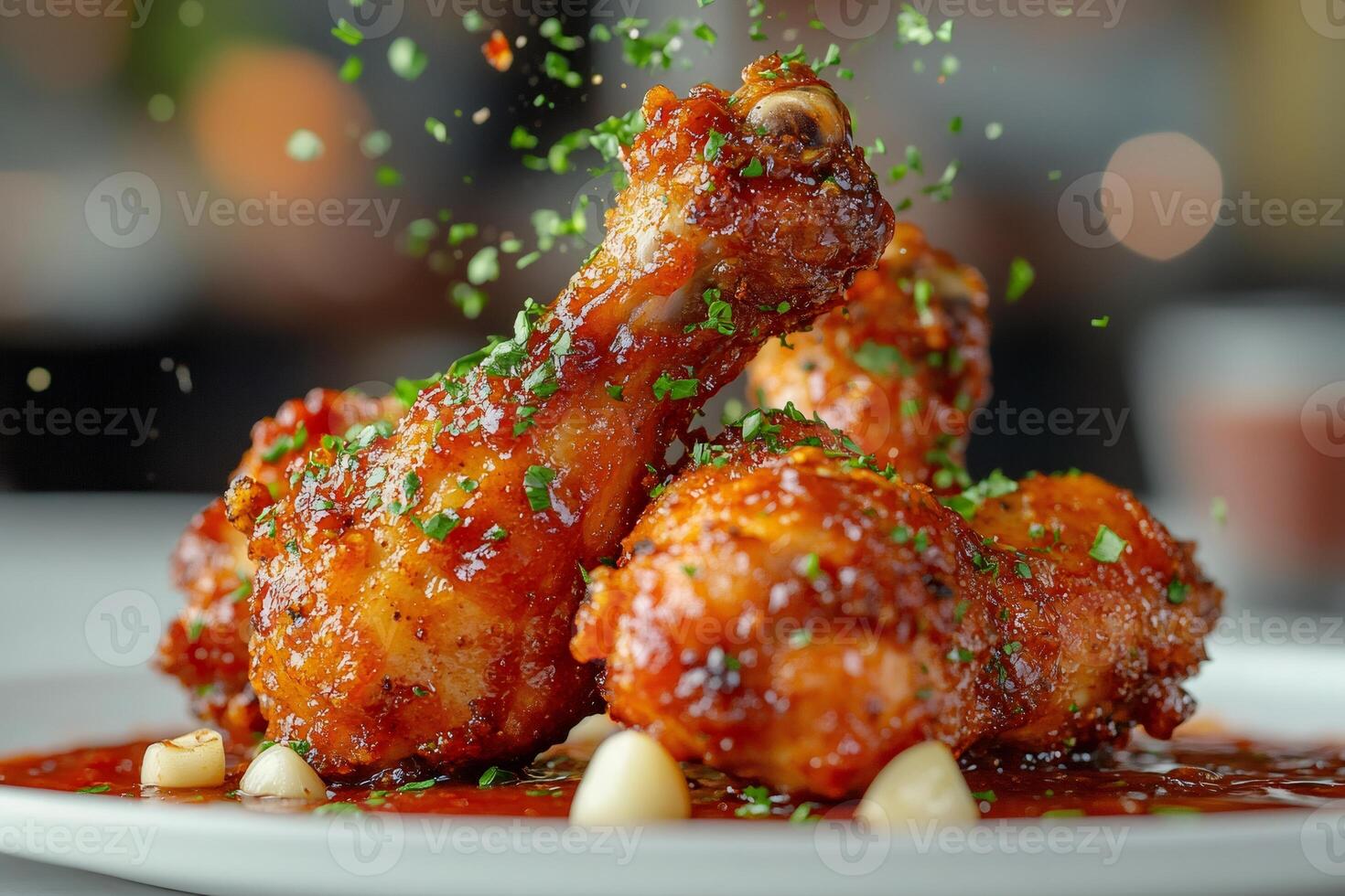 Delicious roasted chicken legs sprinkled with fresh herbs photo