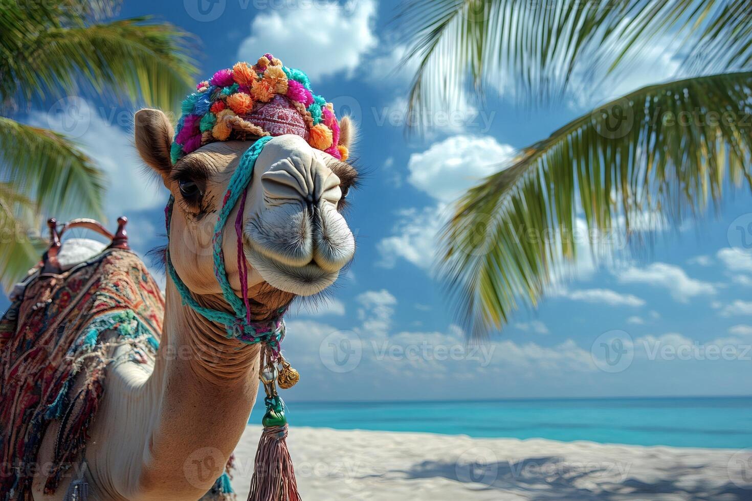 Colorfully adorned camel relaxing on tropical beach photo