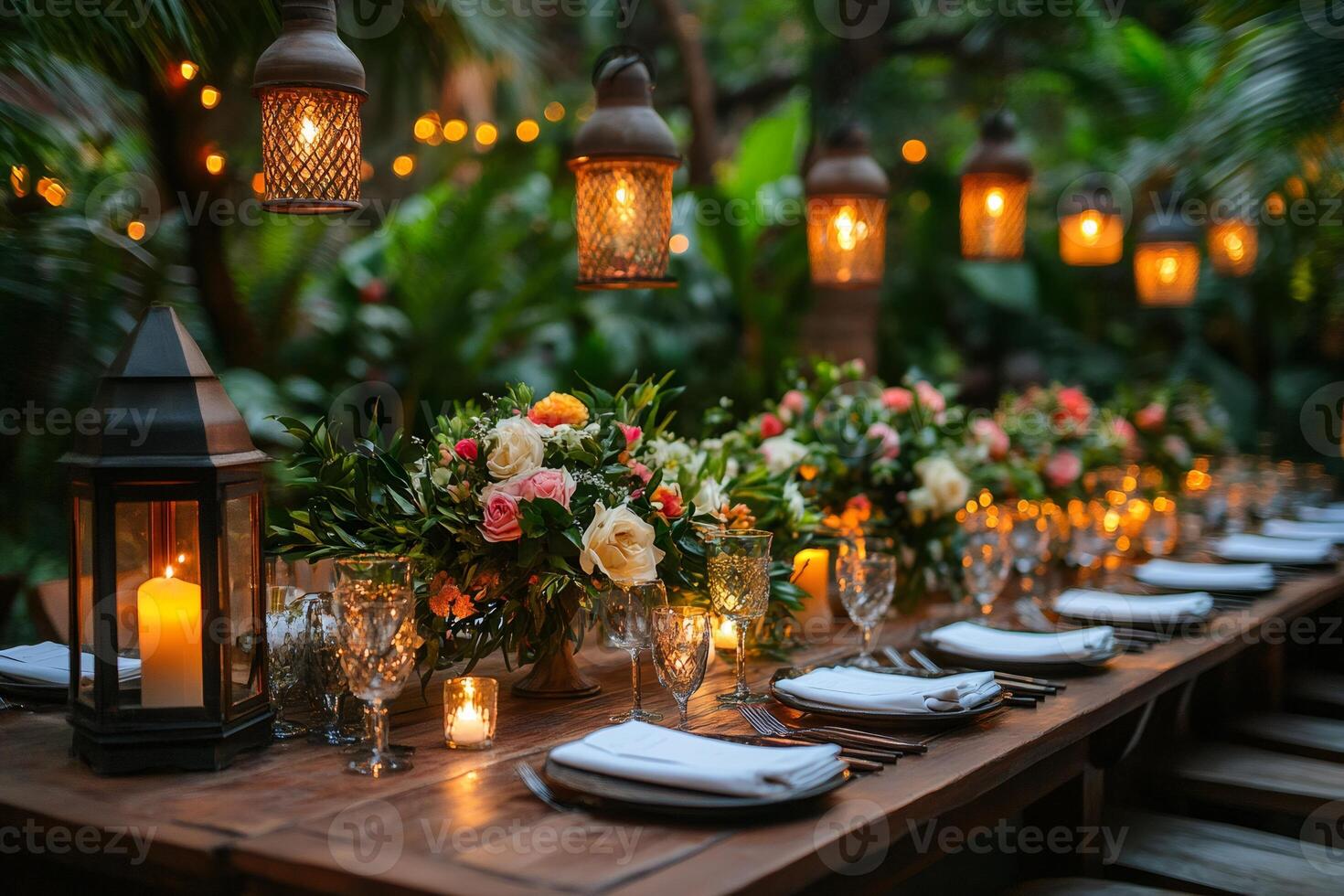 Romantic wedding reception table setting with hanging lanterns and flowers photo