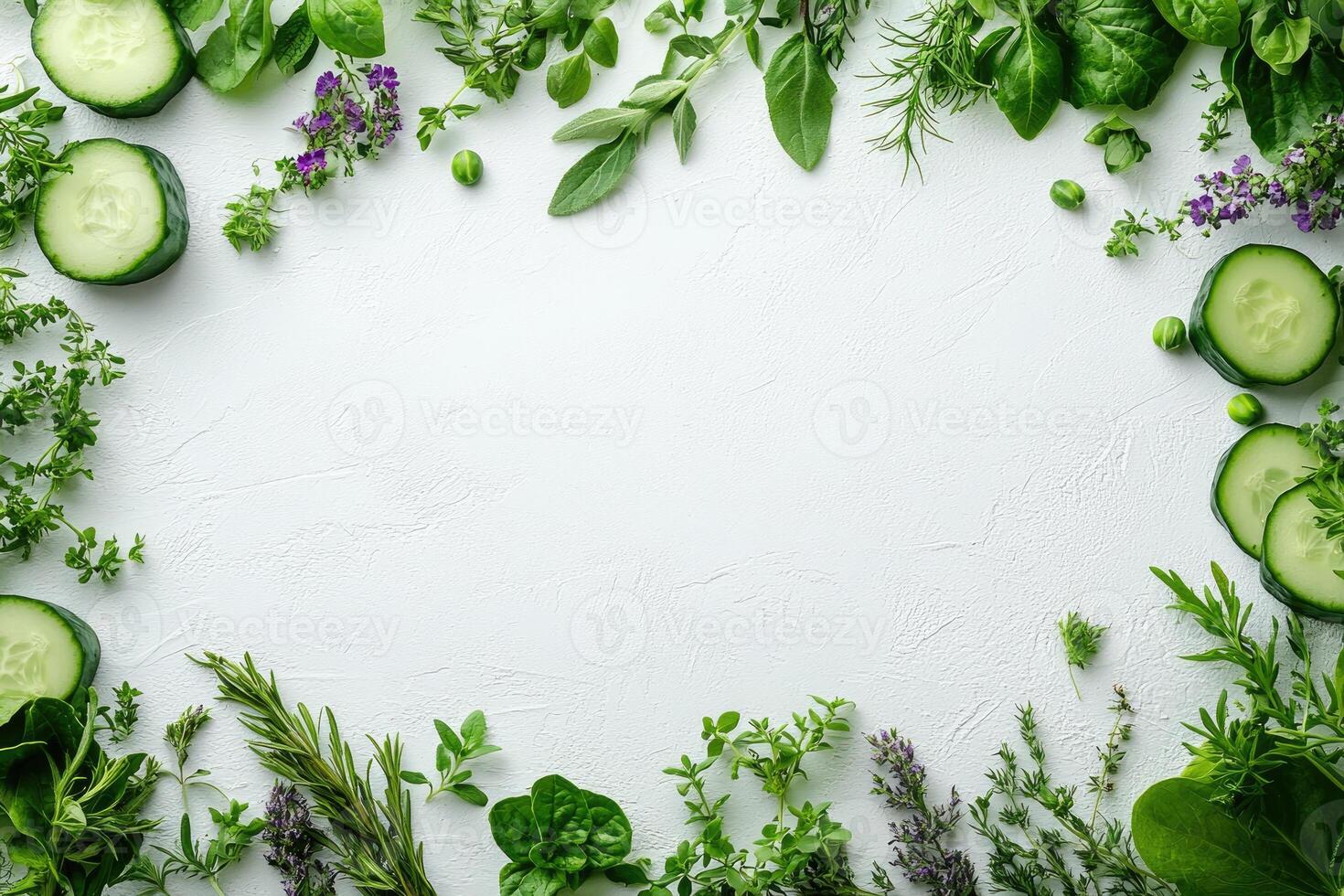 Fresh green herbs and cucumber slices creating a frame on white background photo