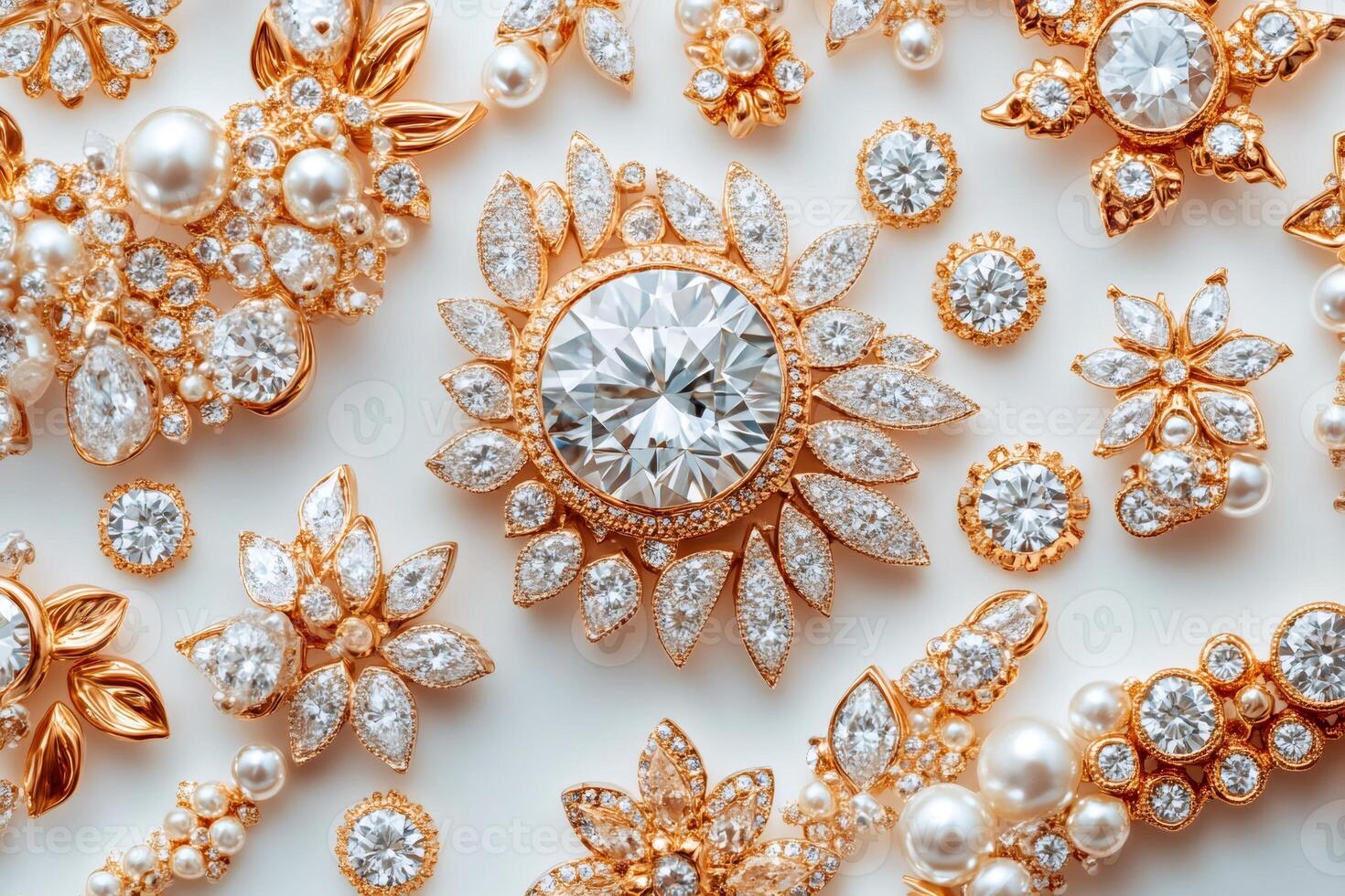 Luxury jewelry displaying exquisite diamonds and pearls on white background photo
