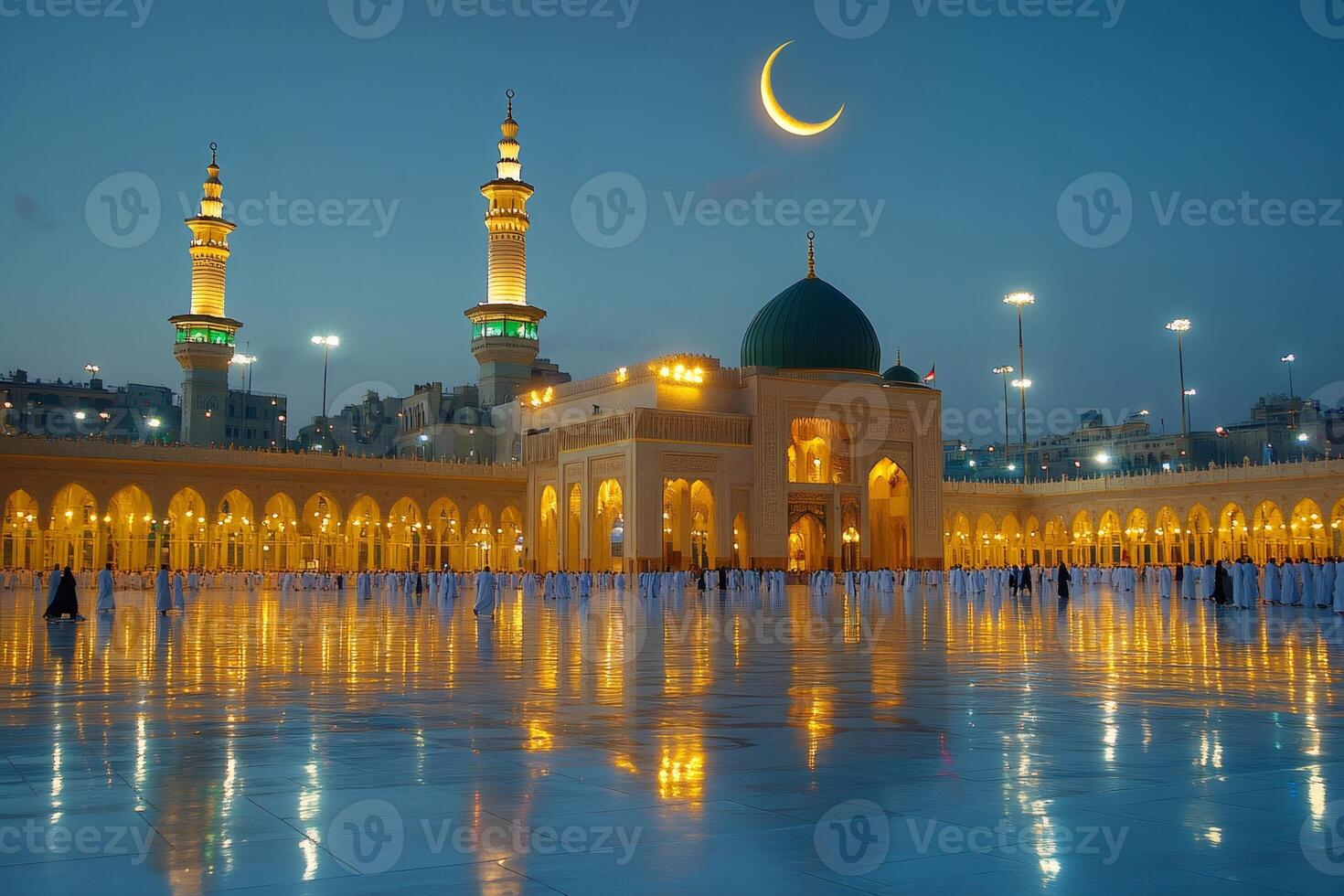 Nabawi mosque reflecting on wet floor at dusk with crescent moon photo