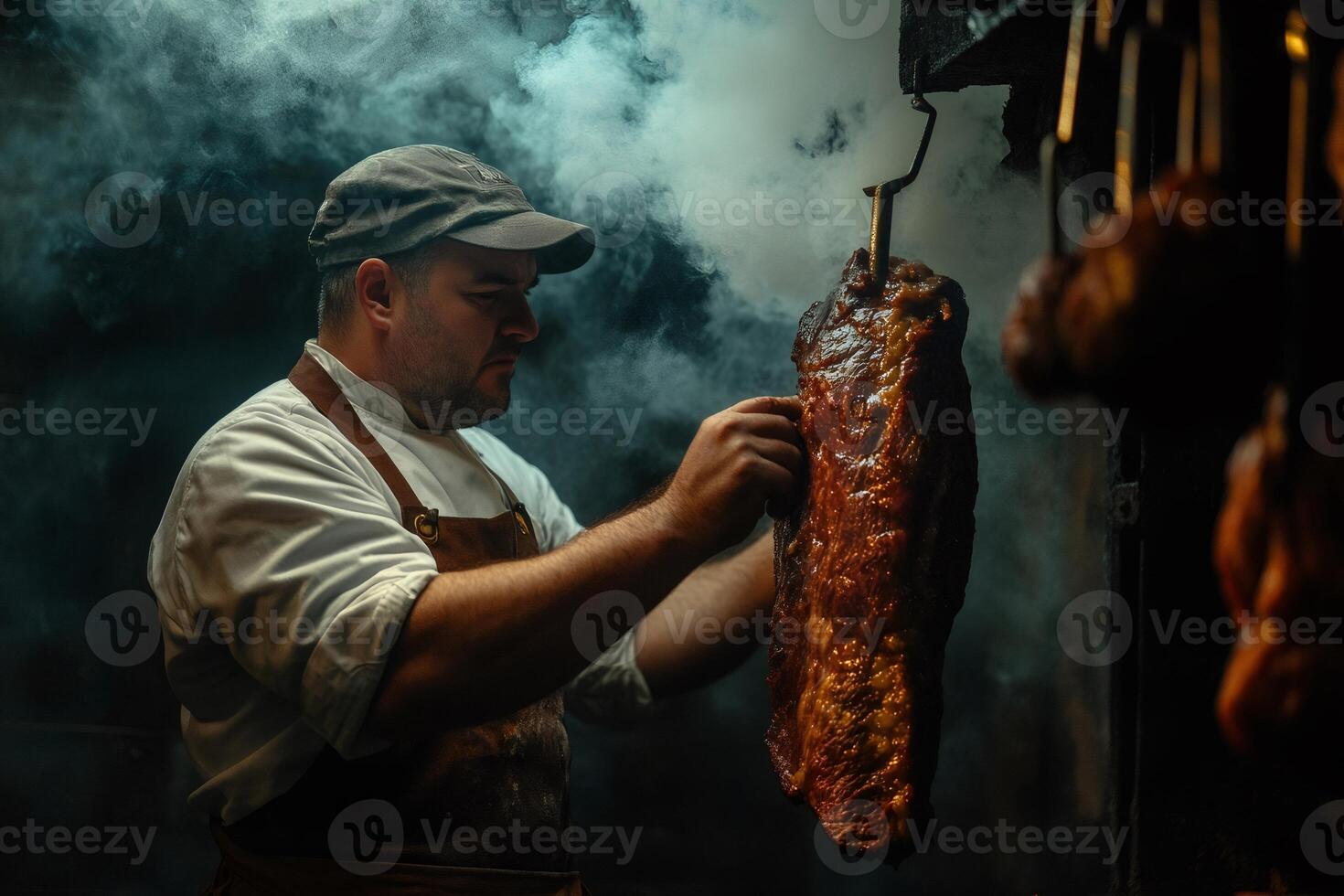 Chef inspecting smoked brisket in smokehouse, culinary expertise at work photo