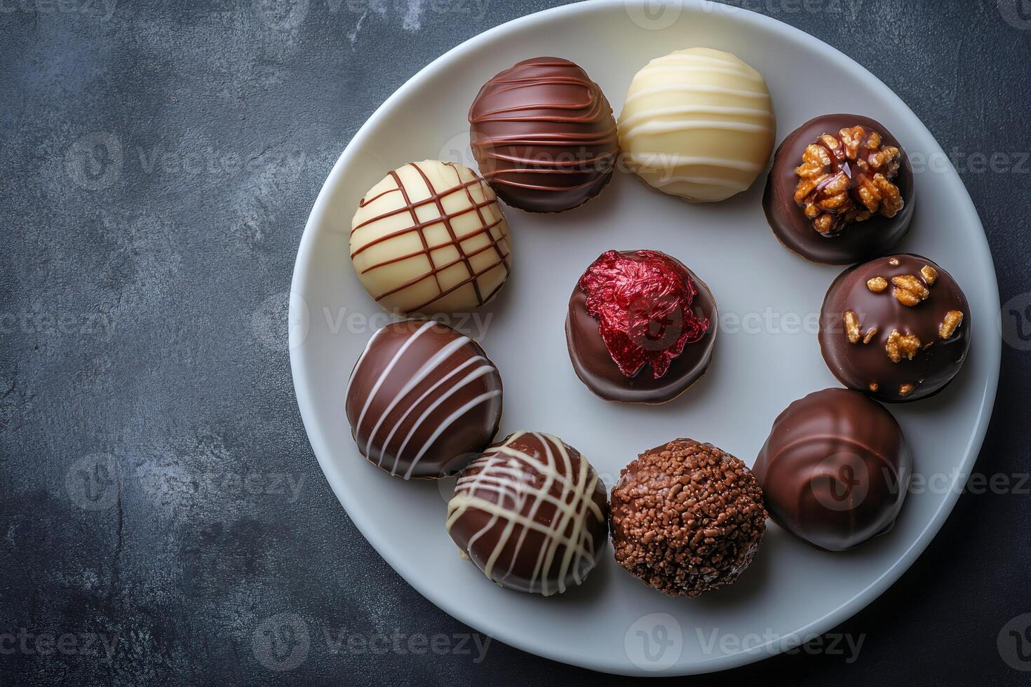 Delicious assorted chocolate pralines displayed on elegant white plate photo