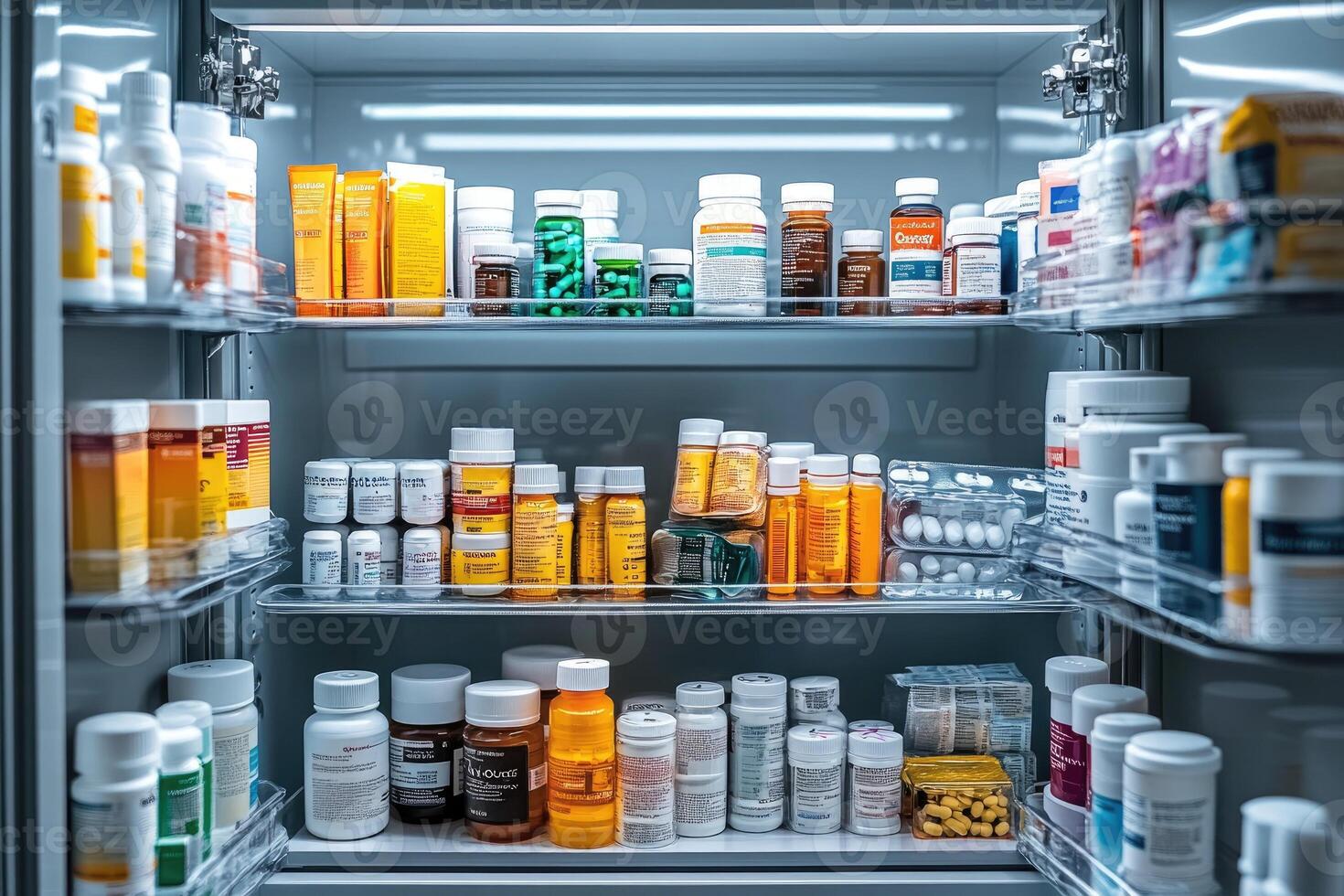 Organized medicine cabinet with various bottles photo