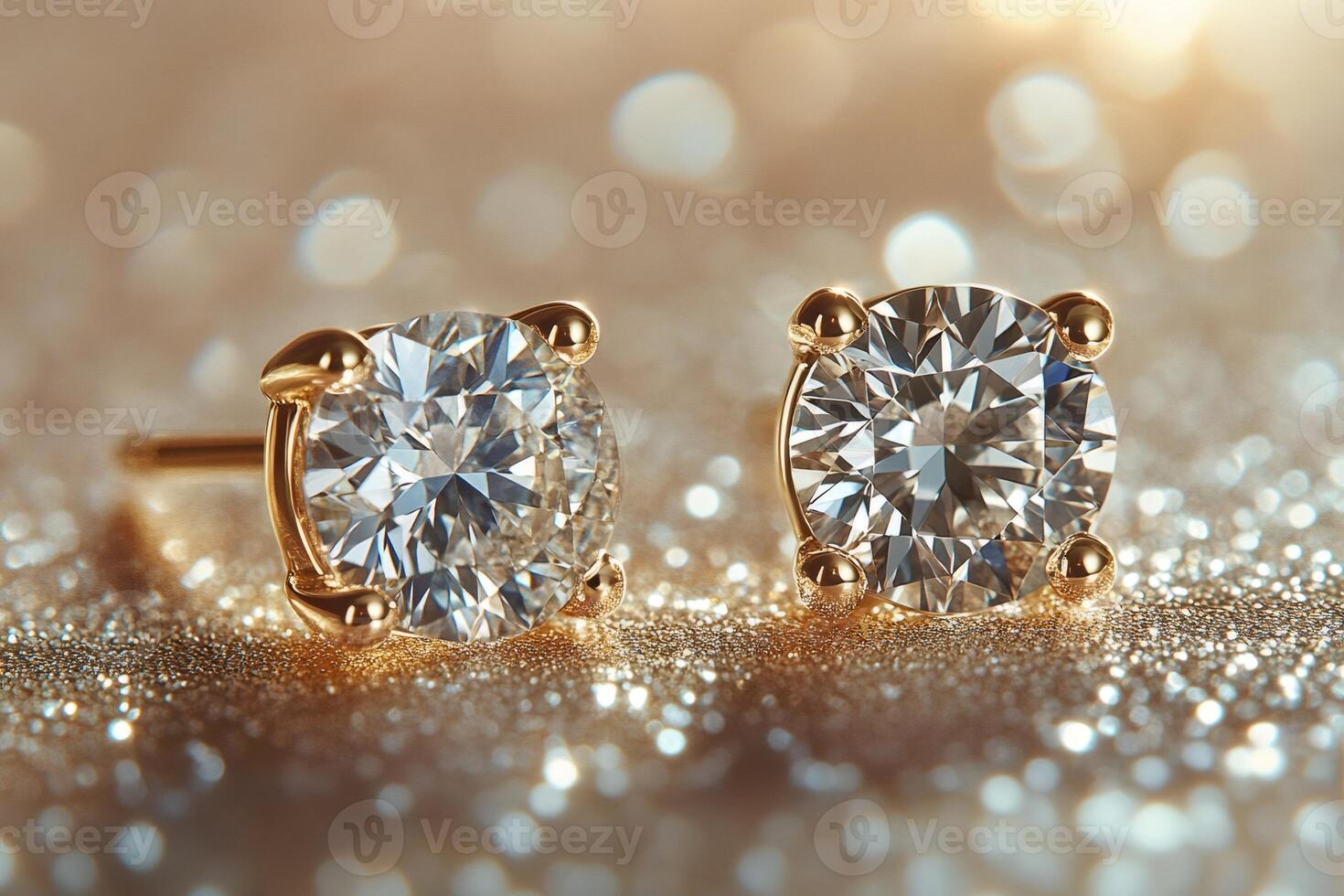 Pair of sparkling diamond earrings on glittering gold background photo