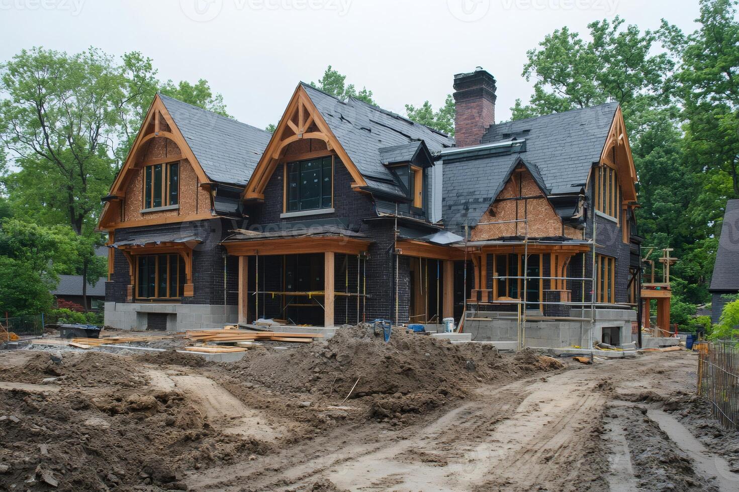 Large tudor style house under construction amidst trees photo