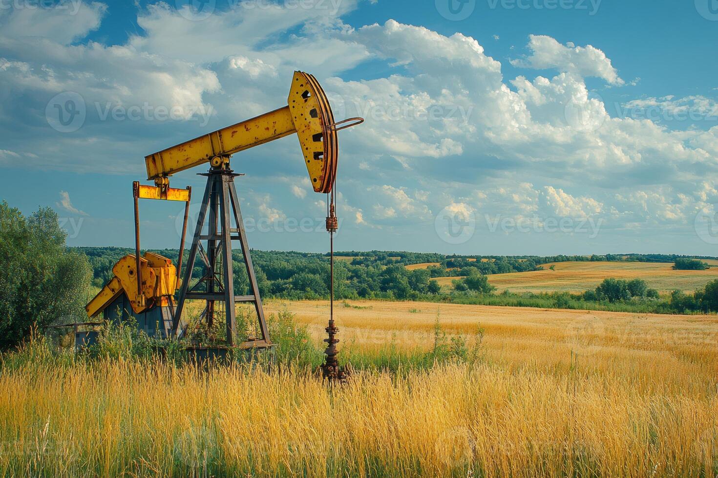 Oil pump jack operating in golden wheat field landscape photo