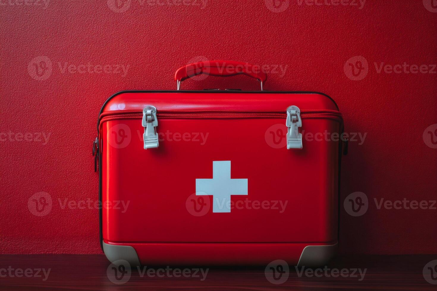 Red first aid kit closed on wooden surface with red background photo