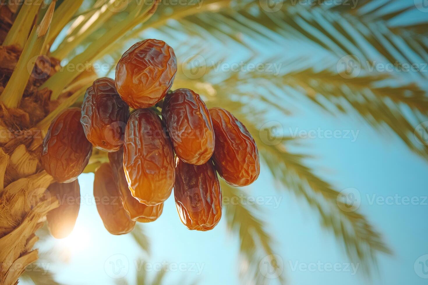 Bunch of ripe dates hanging from palm tree in sunlight photo