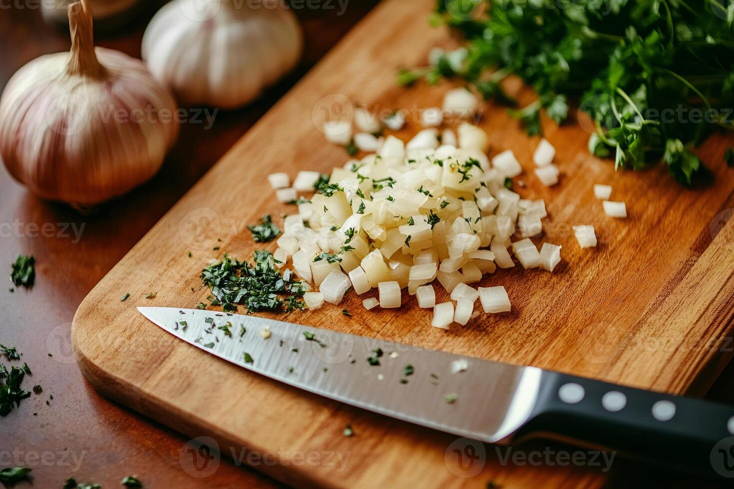 Chef chopping onions and parsley with garlic on wooden cutting board photo