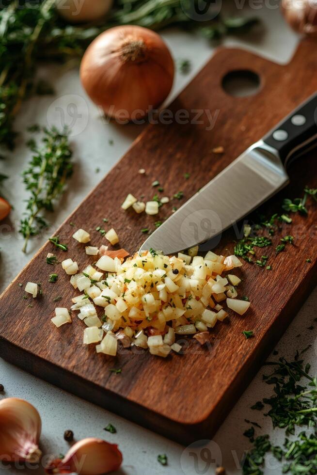 Chef chopping onions and herbs on wooden cutting board photo