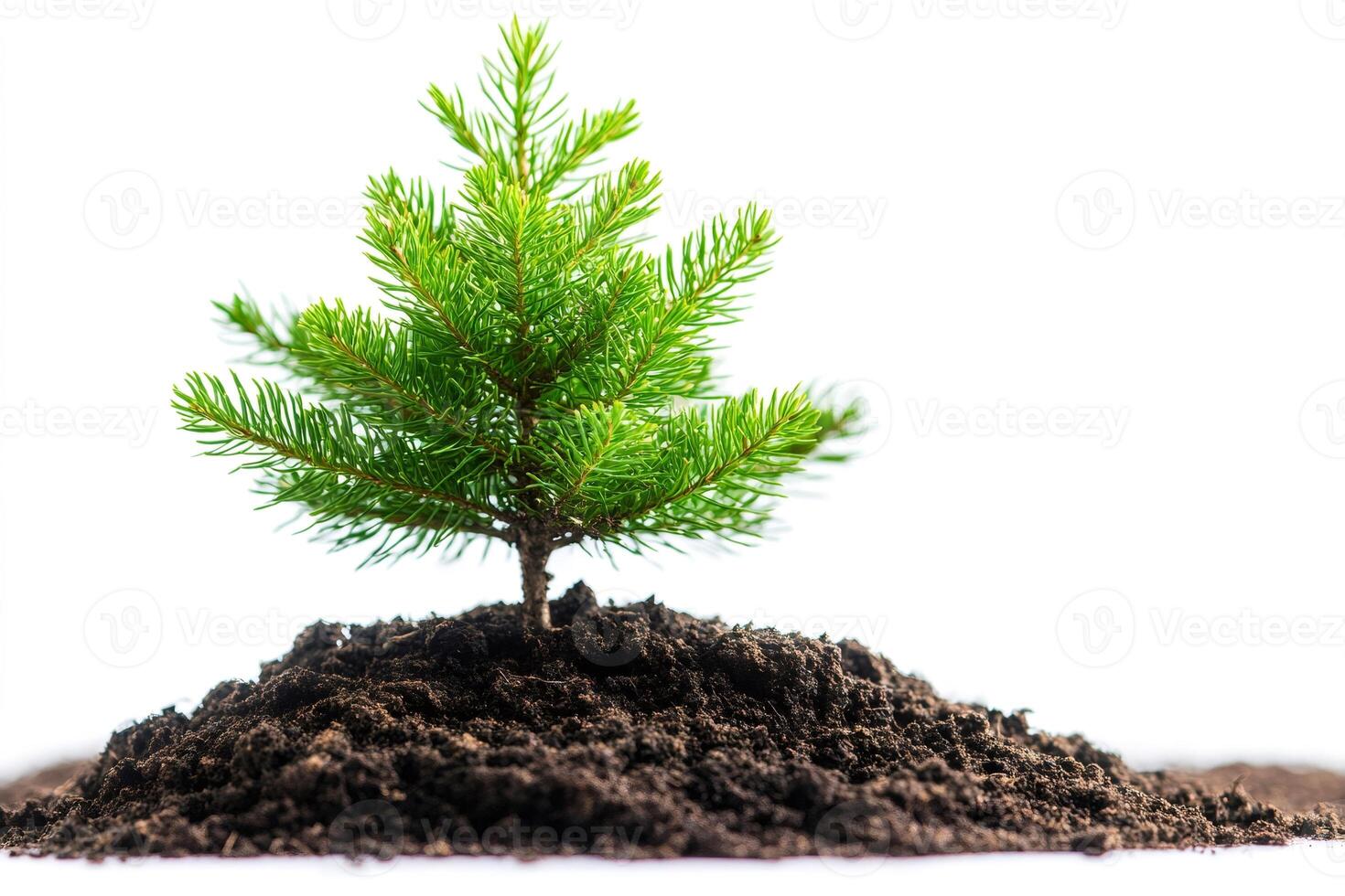 Small fir growing in a pile of fertile soil on white background photo